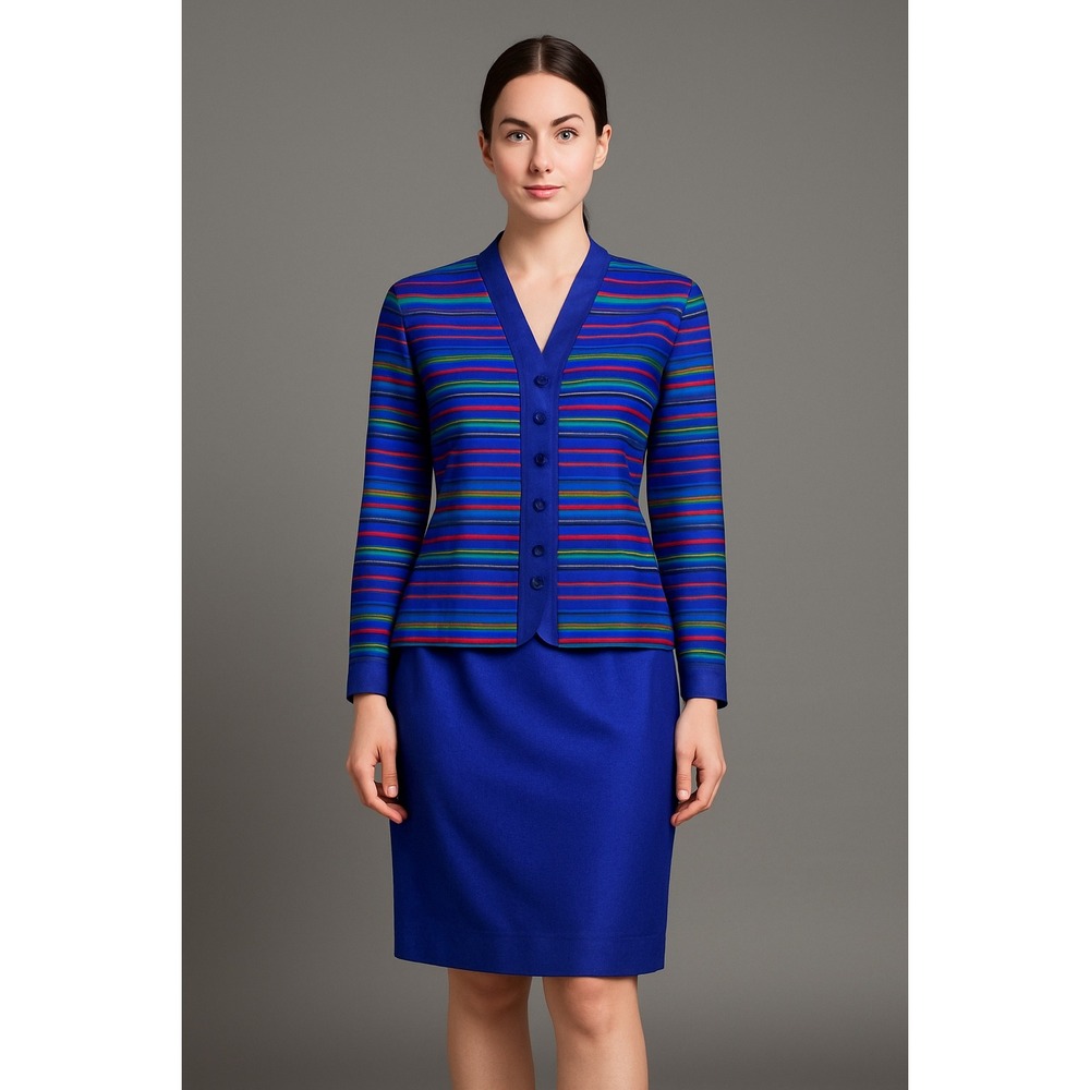 Vintage Adrianna Papell 90s Silk Striped Blazer‎ & Blue Pencil Skirt Suit 2P